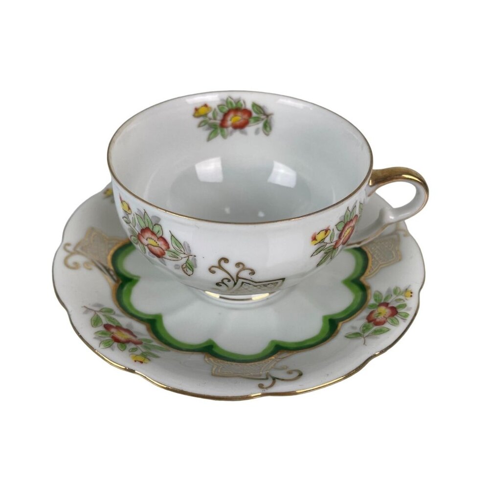 Vintage Ucago China Made in Japan Green & Gold Teacup & Saucer Floral
